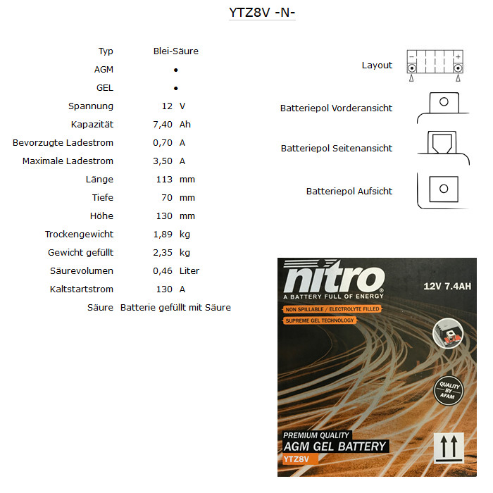 Baterie moto Nitro NTZ8V/YTZ8V / TZ8V 7,4AH GEL - imagine 2