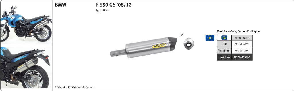 Tobă finală ARROW RACE TECH pentru BMW F650GS / F800GS / Adventure 2008- din Titan