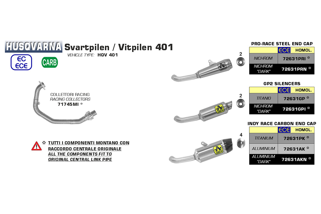 Galerie evacuare ARROW Racing pentru Husqvarna Svartpilen 401 2020- Vitpilen 401 2020- , fără catalizator