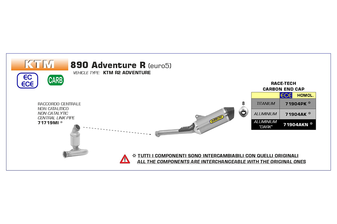 Tobă finală ARROW DARK RACE TECH pentru KTM 790 Adventure / 890 Adventure și Husqvarna Norden 901 din Aluminium cu capăt din carbon