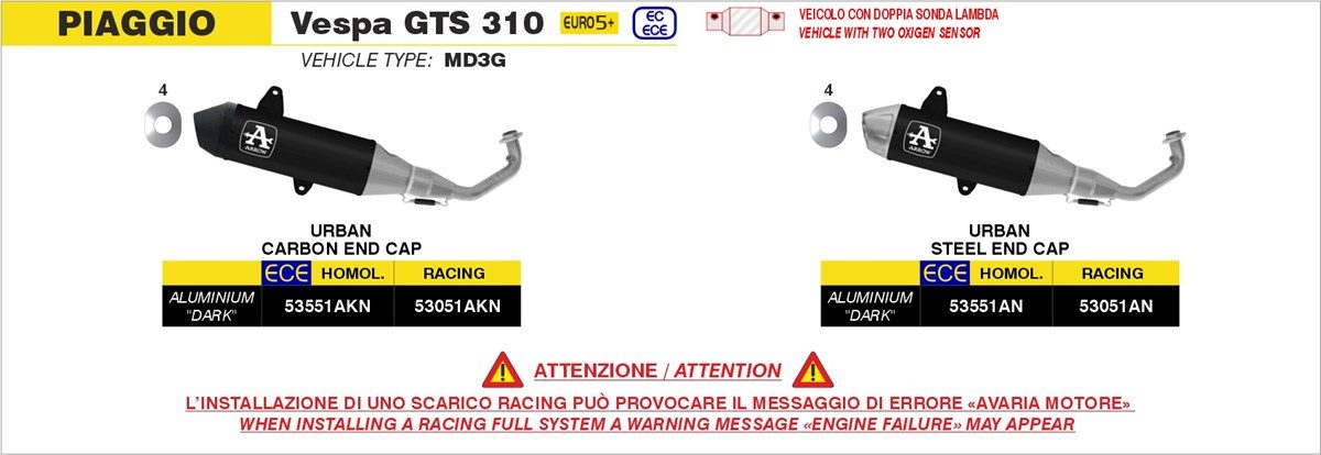 Evacuare sport ARROW Dark Urban pentru Vespa GTS 310 2025, cu carcasă neagră din aluminiu și capăt din carbon, fără catalizator, fără omologar